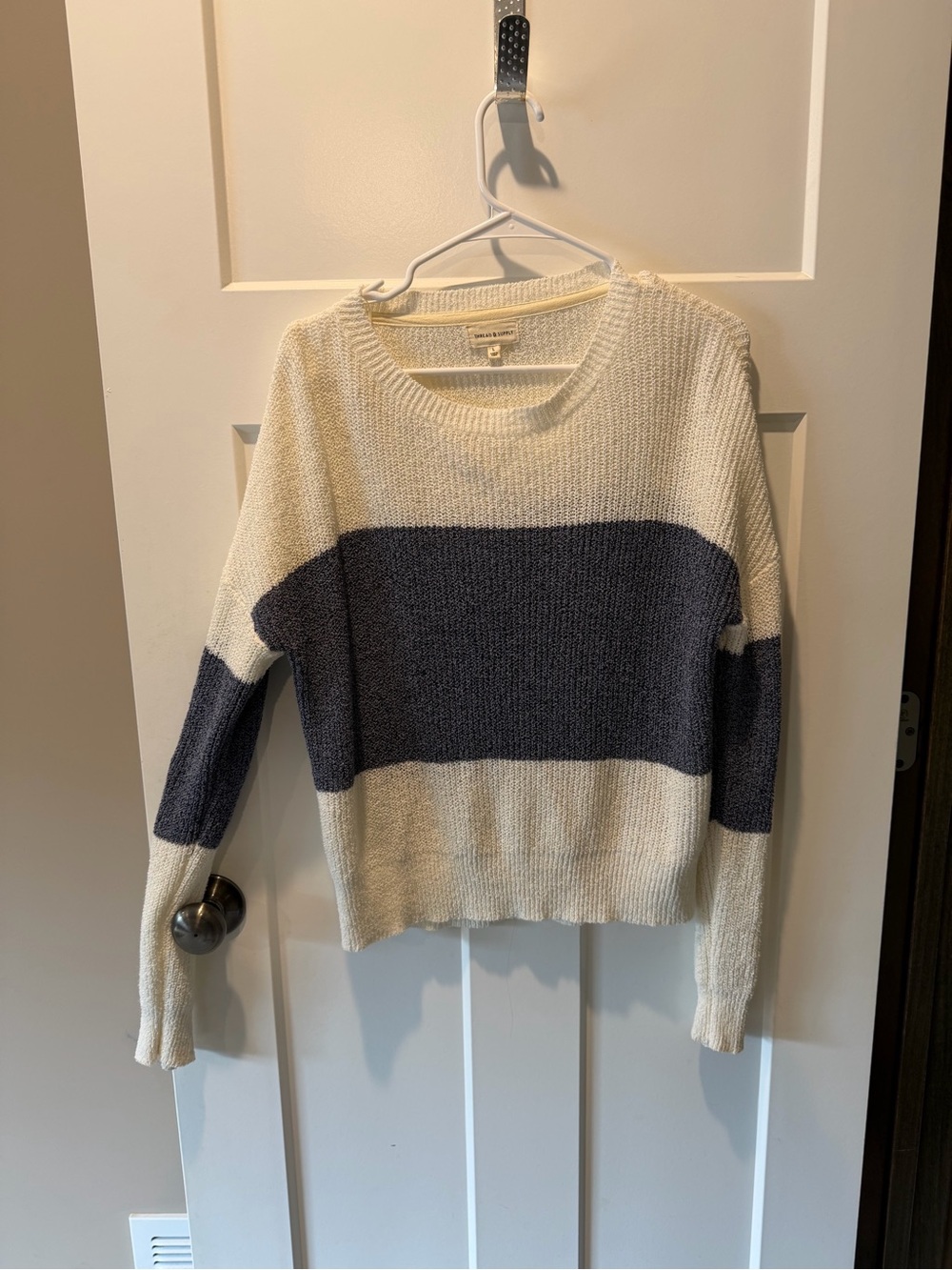 Thread & Supply Cream and Navy Wide-Stripe Crewneck Sweater